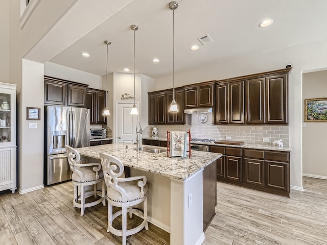 kitchen featuring sink, stainless steel appliances, an island with sink, decorative light fixtures, and light wood-type flooring