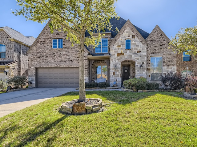 view of front of home with a front yard and a garage