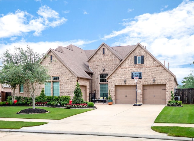 view of front of property with a front lawn and a garage