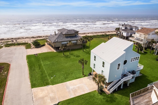 aerial view featuring a beach view and a water view