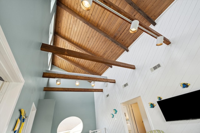 bathroom featuring beam ceiling, high vaulted ceiling, and wood ceiling