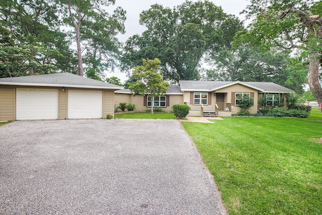 ranch-style home with a front yard and a garage