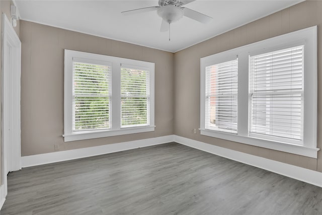 empty room with ceiling fan, a wealth of natural light, and wood-type flooring