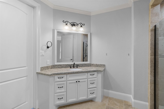 bathroom with crown molding, tile flooring, and vanity with extensive cabinet space