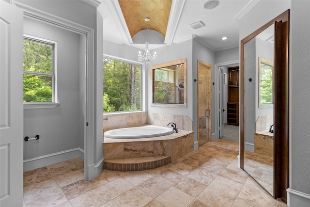 bathroom with tile floors, ornamental molding, separate shower and tub, and an inviting chandelier