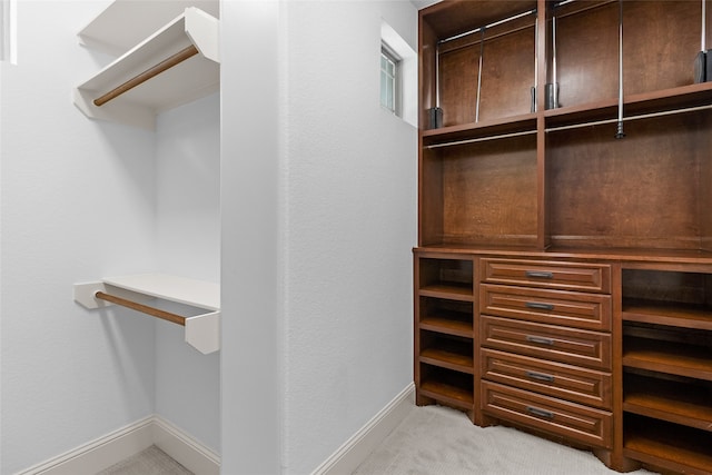 walk in closet with light colored carpet