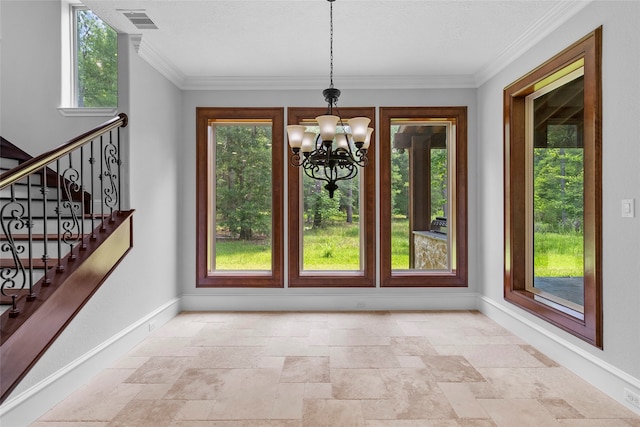 unfurnished dining area with plenty of natural light, a chandelier, and light tile flooring