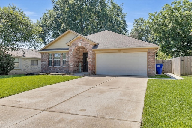 ranch-style home featuring a garage and a front lawn