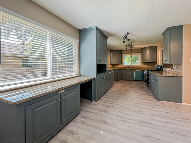 kitchen with stainless steel dishwasher, decorative light fixtures, light wood-type flooring, gray cabinets, and range