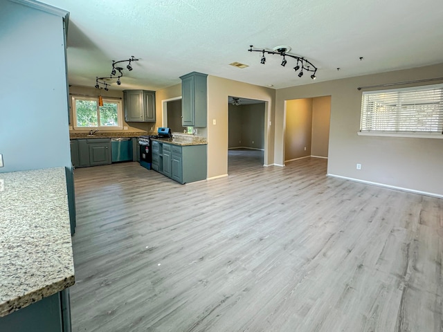 kitchen featuring dishwasher, a textured ceiling, hardwood / wood-style flooring, and rail lighting