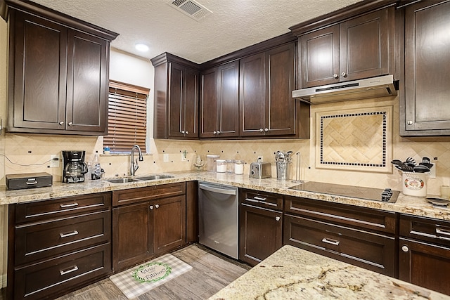 kitchen featuring backsplash, sink, stainless steel dishwasher, and a textured ceiling