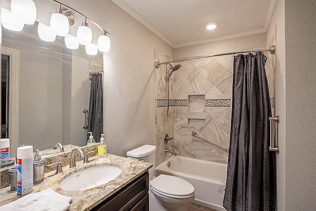 full bathroom with ornamental molding, shower / bath combination with curtain, oversized vanity, and toilet