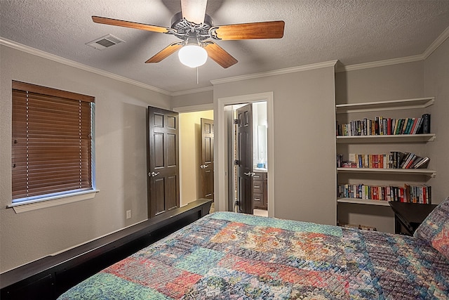 bedroom with crown molding, ceiling fan, and a textured ceiling