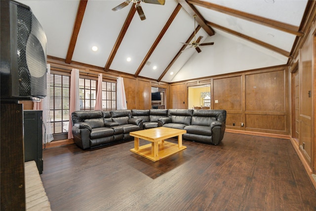 living room featuring beam ceiling, wooden walls, ceiling fan, and dark hardwood / wood-style floors