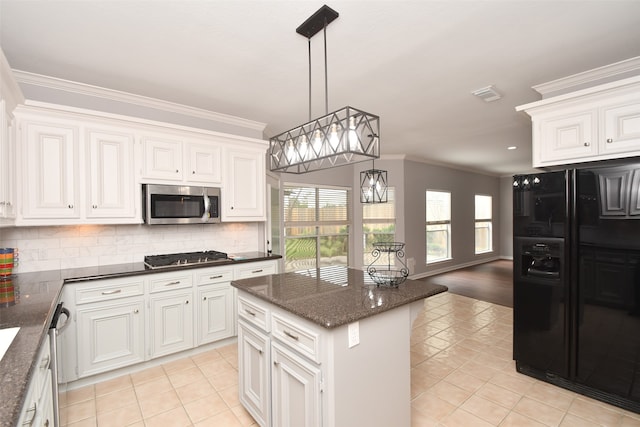 kitchen featuring a kitchen island, hanging light fixtures, white cabinetry, black appliances, and light tile floors