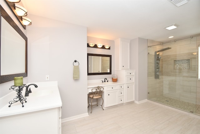 bathroom featuring dual vanity, tile flooring, and an enclosed shower