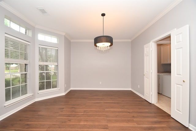 unfurnished room with wood-type flooring, a chandelier, and crown molding