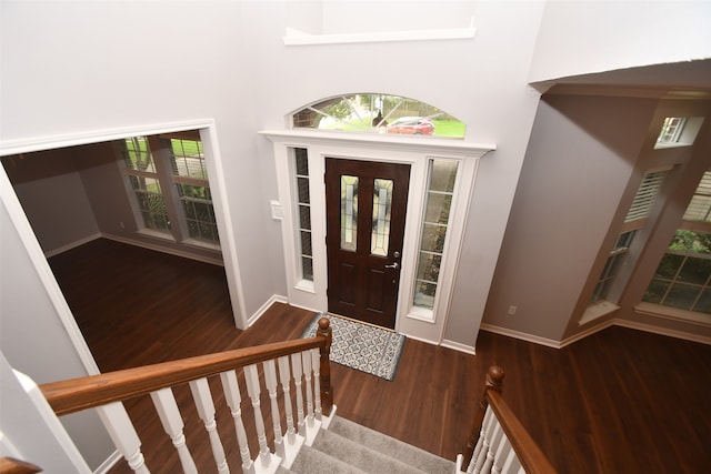 foyer entrance with a towering ceiling and hardwood / wood-style floors