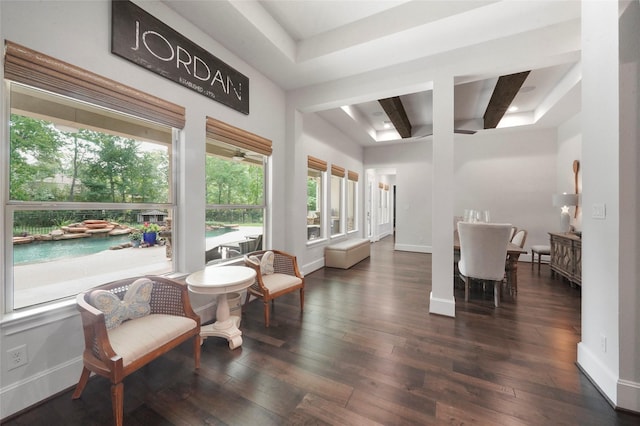 living area featuring beamed ceiling and dark wood-type flooring