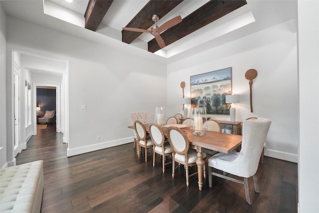 dining area featuring beam ceiling, dark hardwood / wood-style floors, and ceiling fan