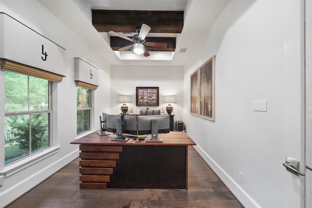 office area featuring beam ceiling, dark hardwood / wood-style floors, a wealth of natural light, and ceiling fan