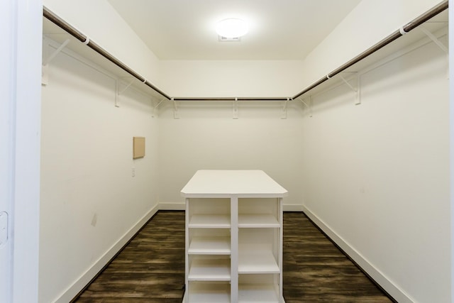 walk in closet with dark wood-type flooring