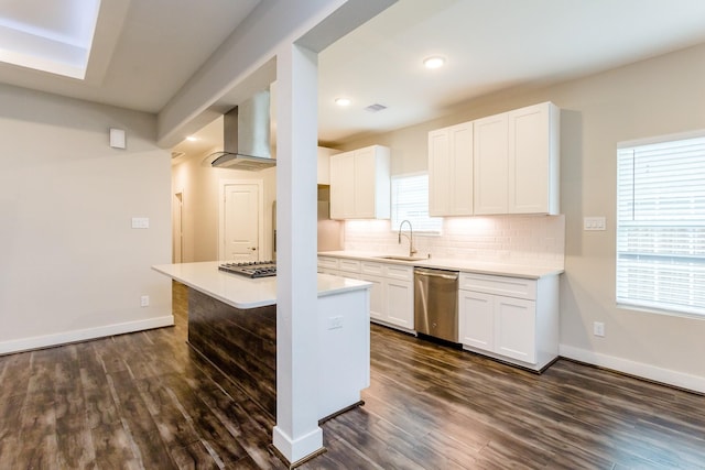 kitchen with dark hardwood / wood-style floors, sink, dishwasher, and white cabinetry