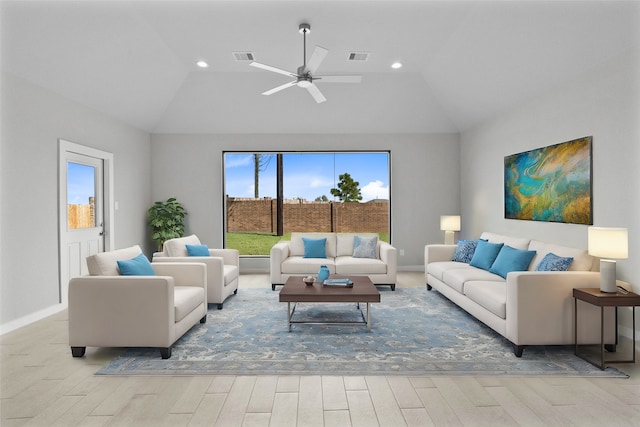 living room featuring ceiling fan, light wood-type flooring, and vaulted ceiling