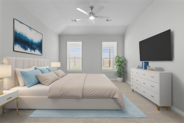 bedroom featuring light colored carpet, lofted ceiling, and ceiling fan