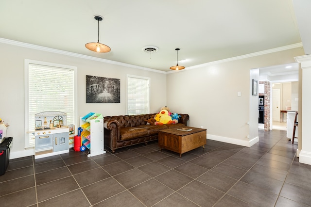 tiled living room featuring ornamental molding