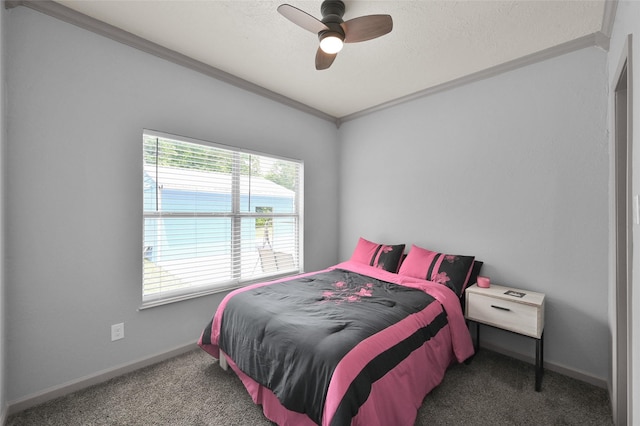 bedroom featuring ceiling fan, carpet, and crown molding