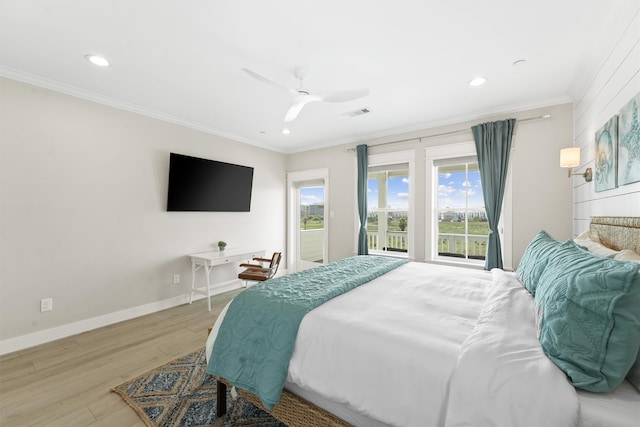 bedroom featuring access to outside, light hardwood / wood-style floors, ceiling fan, and crown molding