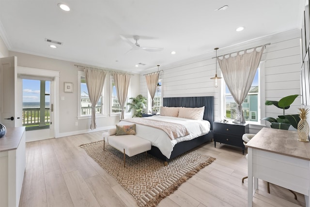 bedroom with access to exterior, ceiling fan, crown molding, and light hardwood / wood-style floors