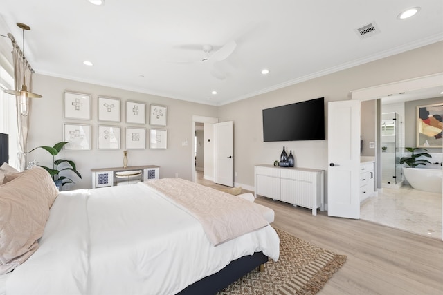 bedroom featuring ceiling fan, light wood-type flooring, and crown molding