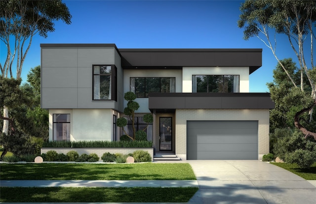 contemporary house featuring a front yard and a garage