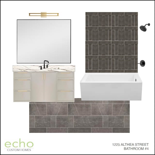 bathroom featuring tiled shower / bath and vanity