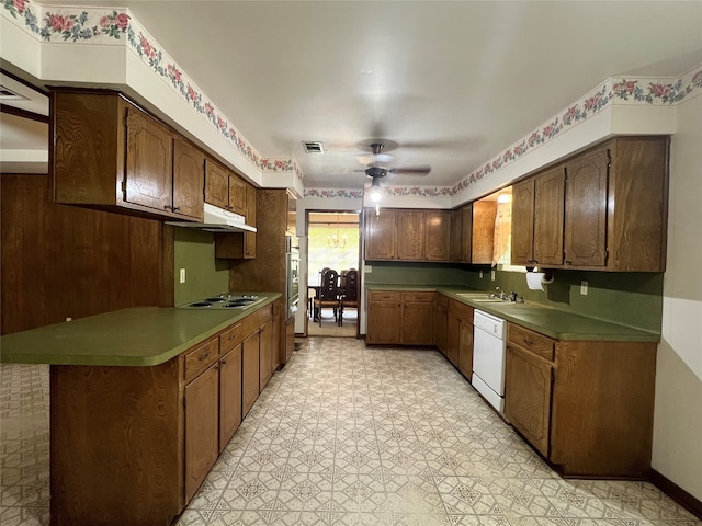 kitchen with ceiling fan, white appliances, sink, and light tile floors