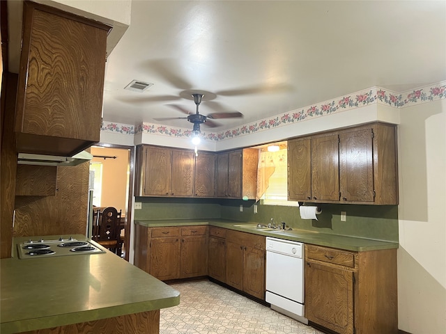 kitchen with ceiling fan, white appliances, sink, and light tile floors