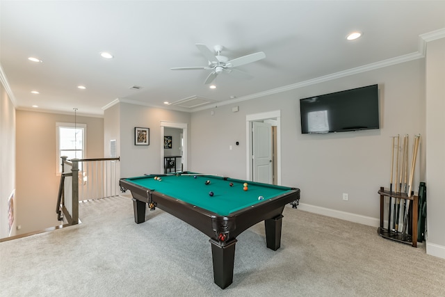 playroom with ceiling fan, crown molding, light colored carpet, and pool table