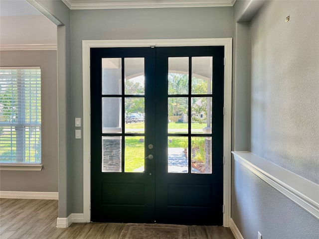 entryway with hardwood / wood-style flooring, plenty of natural light, and french doors