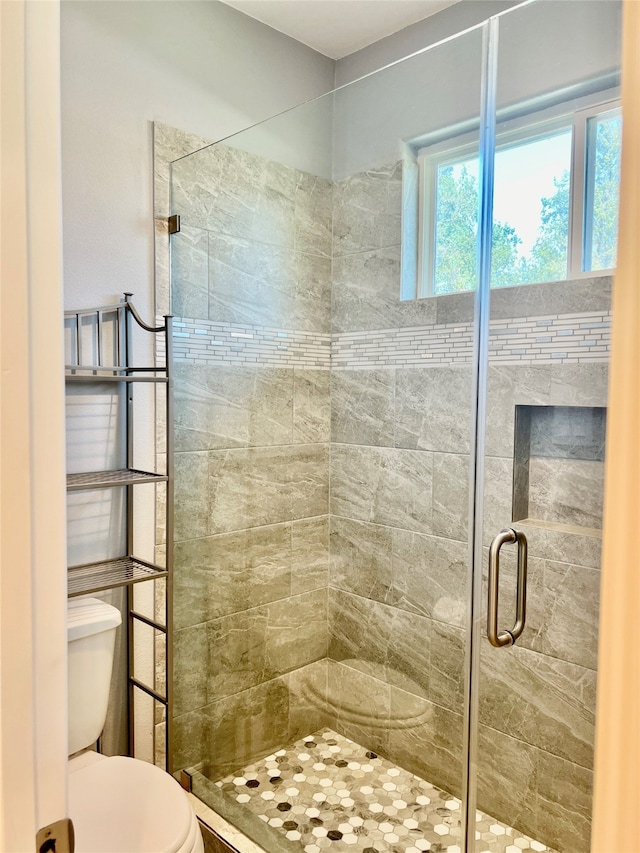 bathroom with a shower with shower door and toilet