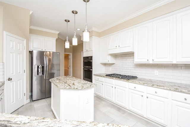 kitchen with white cabinetry, a kitchen island, pendant lighting, stainless steel appliances, and crown molding