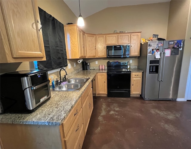 kitchen with light stone counters, pendant lighting, black appliances, lofted ceiling, and sink