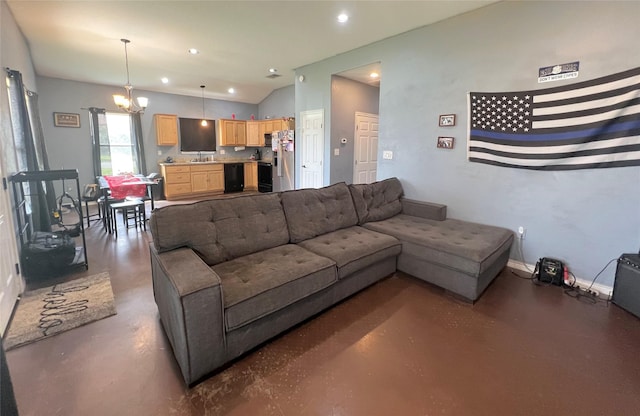 living room with recessed lighting, lofted ceiling, a notable chandelier, and finished concrete floors