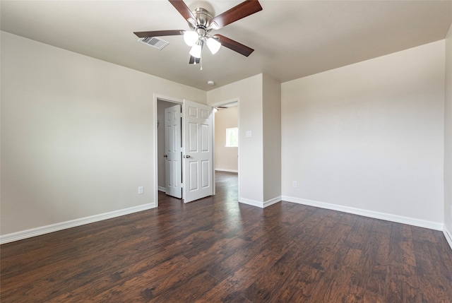 unfurnished bedroom with dark hardwood / wood-style floors and ceiling fan