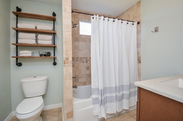 full bathroom featuring tile floors, shower / bath combination with curtain, toilet, and vanity