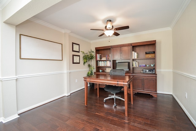 office space with dark wood-type flooring, ceiling fan, and crown molding