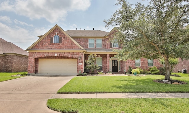 view of front facade with a garage and a front lawn