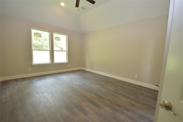 unfurnished room with dark hardwood / wood-style floors and ceiling fan