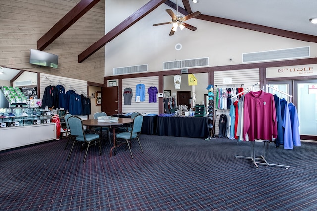 interior space featuring high vaulted ceiling, beam ceiling, and ceiling fan